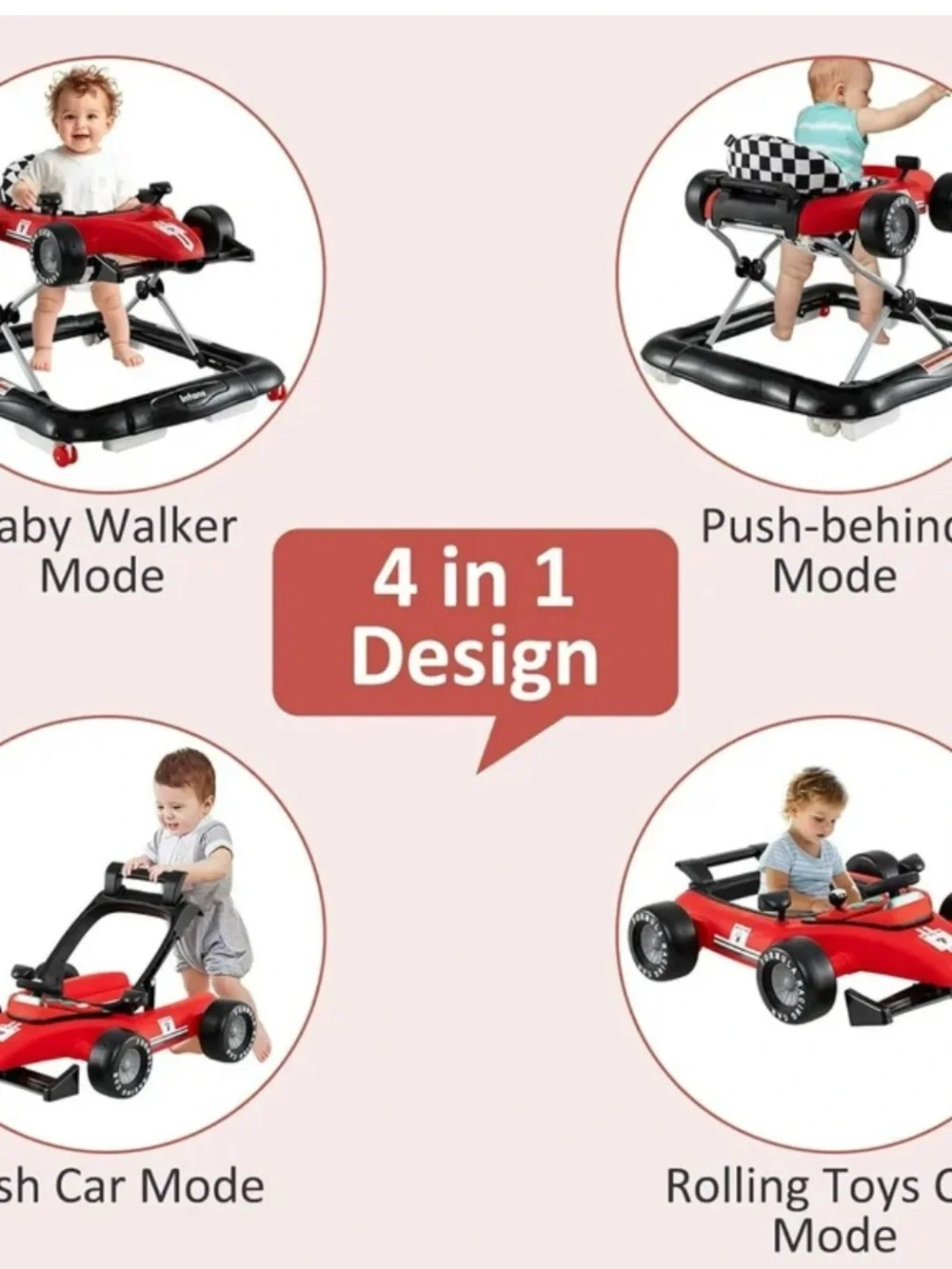 4-in-1 Baby Walker features a race car design with a checkered seat.